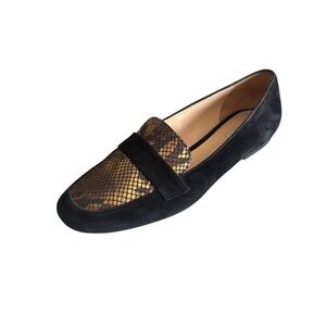 Cole Haan Dakota black suede & reptile print slip on flat loafer shoes size 9
